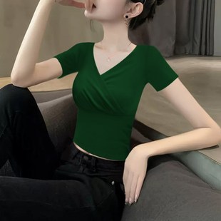 薄款 2024新款 T恤女短款 夏季 洋气紧身露脐打底上衣 咖色交叉V领短袖
