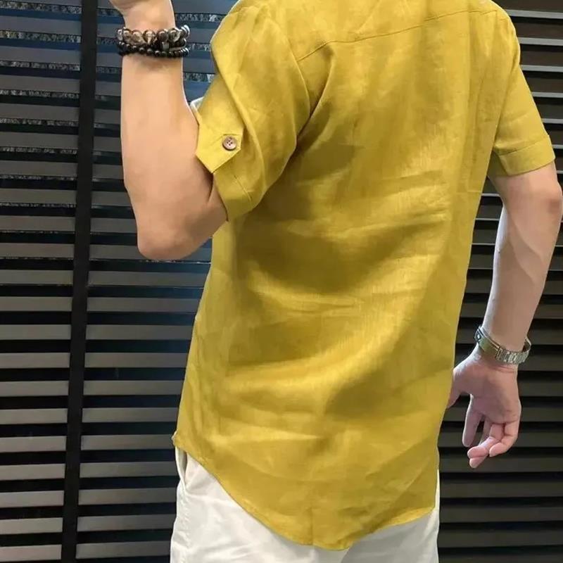 早立轻奢严选轻奢夏季E新E款男士亚麻V领设计简约衬衫