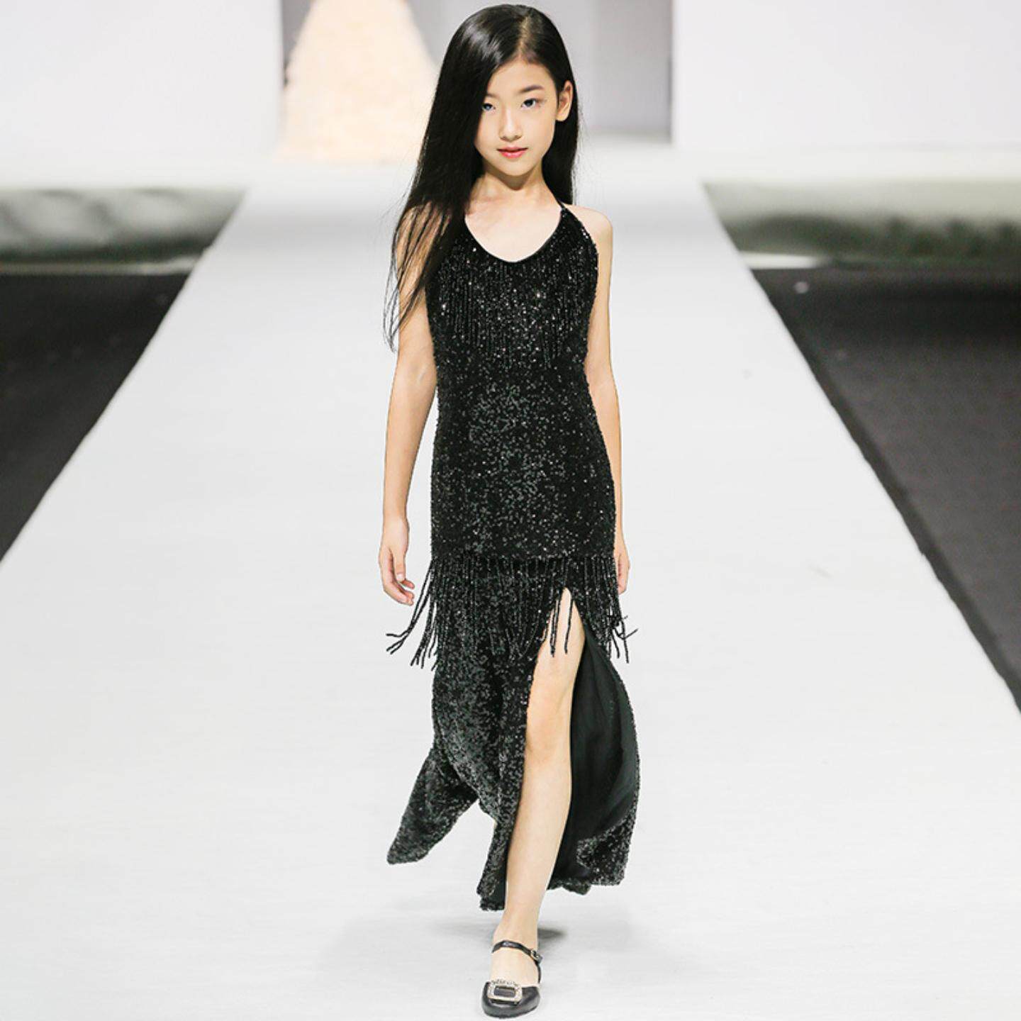 儿童礼服女童黑色演出服2024中大童新款时尚开叉拉丁鱼尾走秀礼服