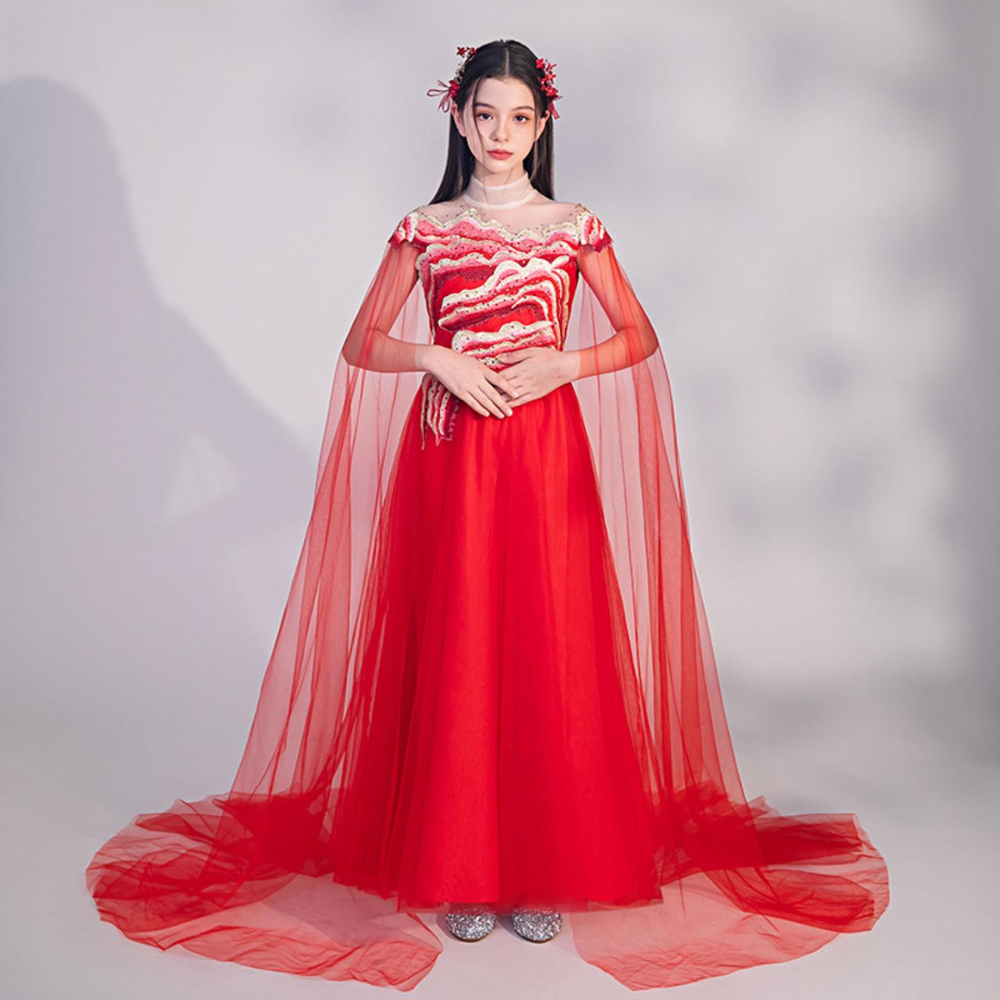 女童中国风古筝演出服水墨红色