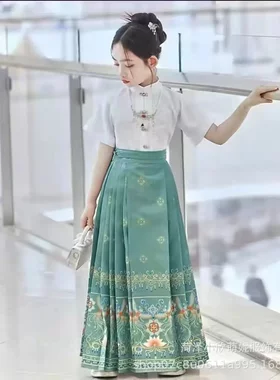 曹县汉服女童马面裙少儿汉服套装文艺刺绣复古长裙女大童连衣裙
