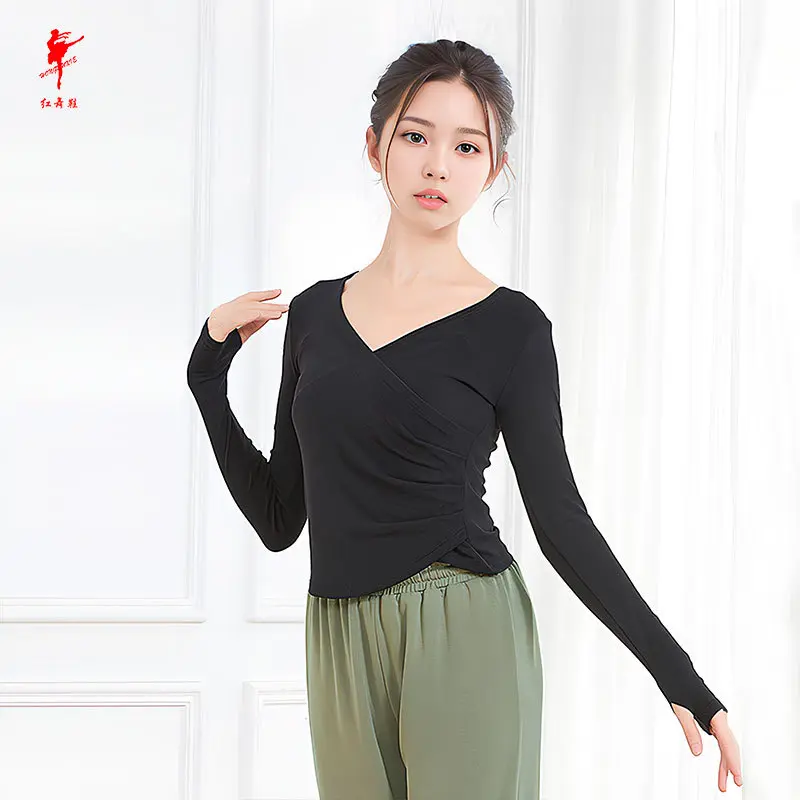 红舞鞋现代舞服女夏针织套指交叉长袖不规则古典舞服成人3578