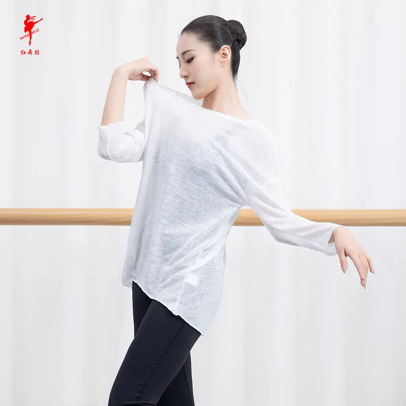 红舞鞋 女成人宽松现代舞服装女孩夏亚麻长袖针织衫上衣34352