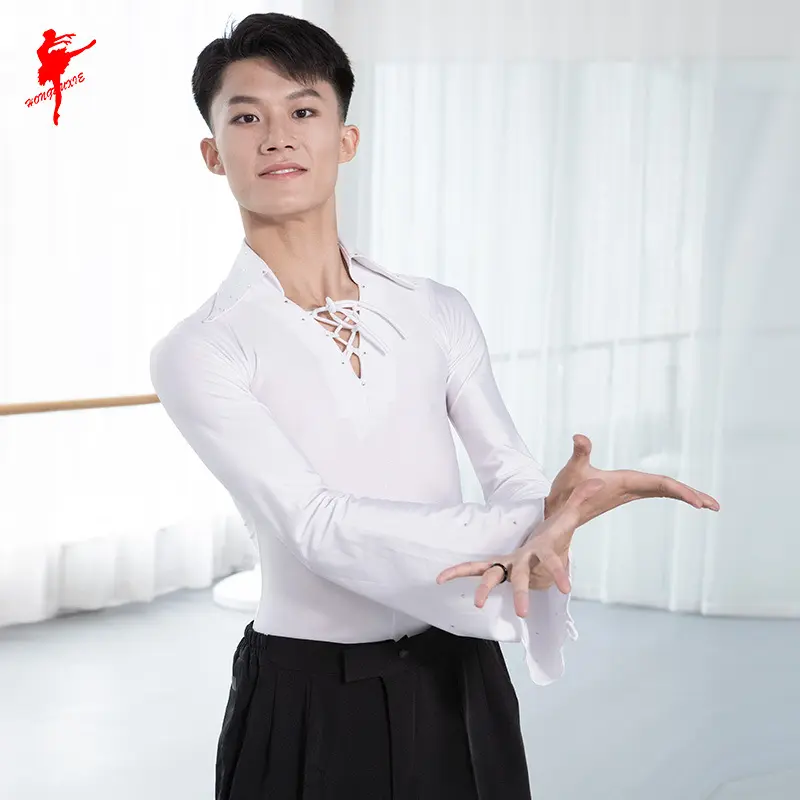 红舞鞋男士拉丁舞上衣 氨纶长袖现代舞练功舞蹈表演上衣6317