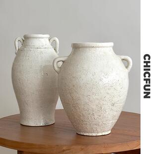 复古花瓶摆件客厅插花白色陶瓷水养欧式轻奢高级感双耳陶罐粗陶大