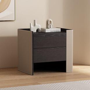 实木床头柜意式极简马鞍皮轻奢高级感卧室主卧床边柜简约现代柜子