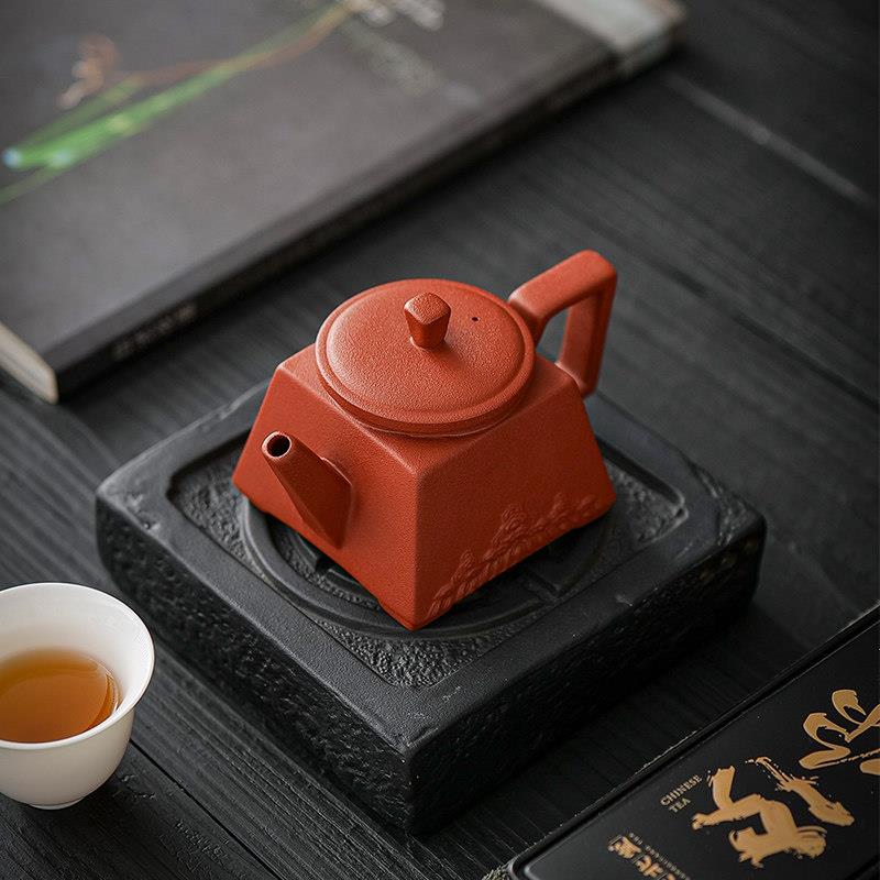 紫砂壶朱泥四方壶半手工凤鸣壶功夫茶壶大红袍单壶