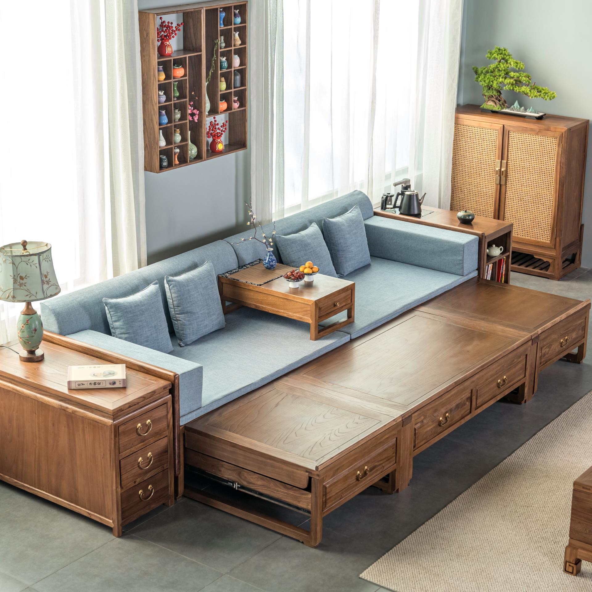 可折叠沙发床新中式罗汉床榻实木沙发客厅多功能储物榆木冬夏两用