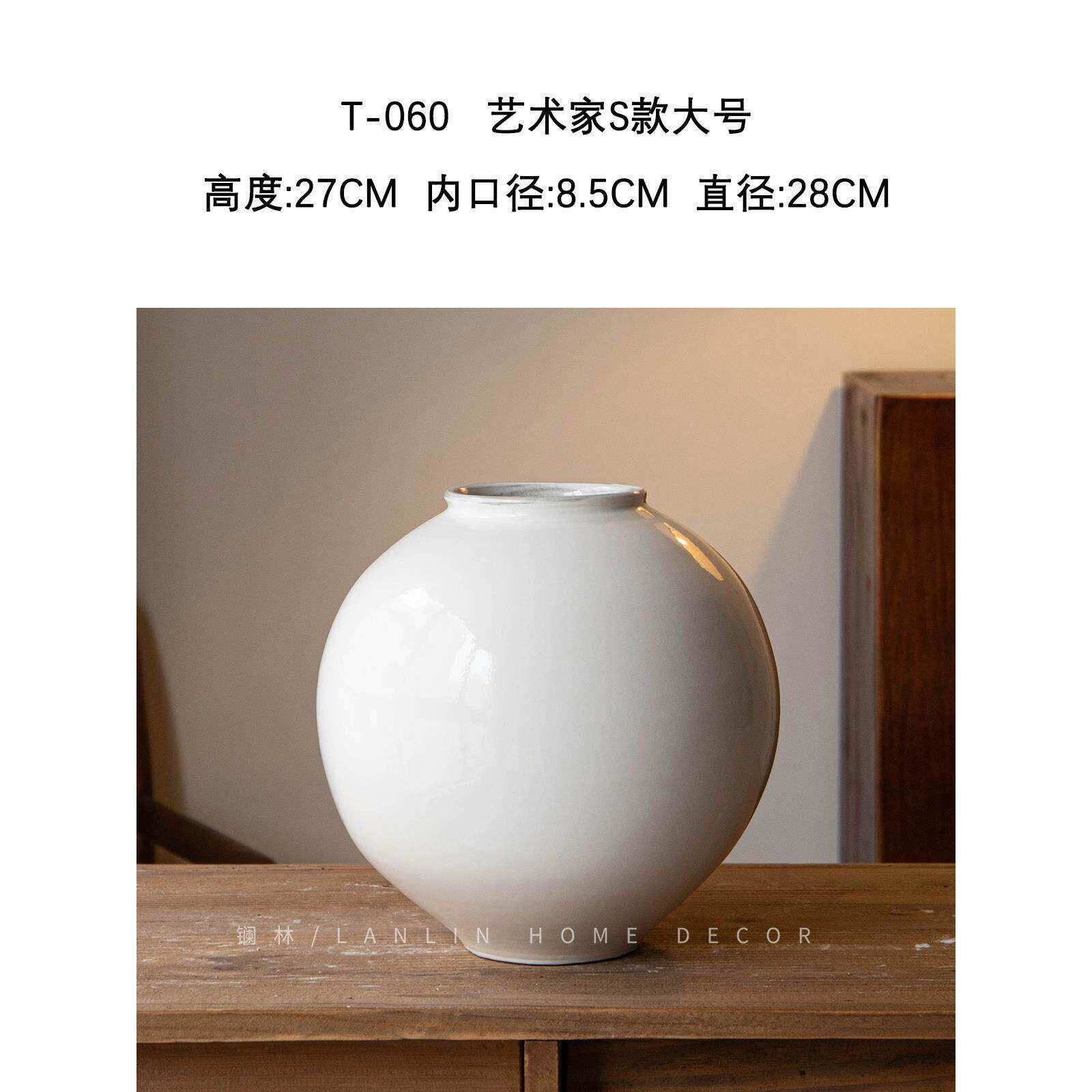 新中式白色陶瓷月亮罐花瓶插花手工圆球形粗陶摆件室内玄关书架装