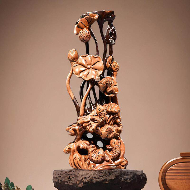 乌木鱼每年红木雕刻家莲花动物装饰品根雕刻装饰工艺品乔迁礼物