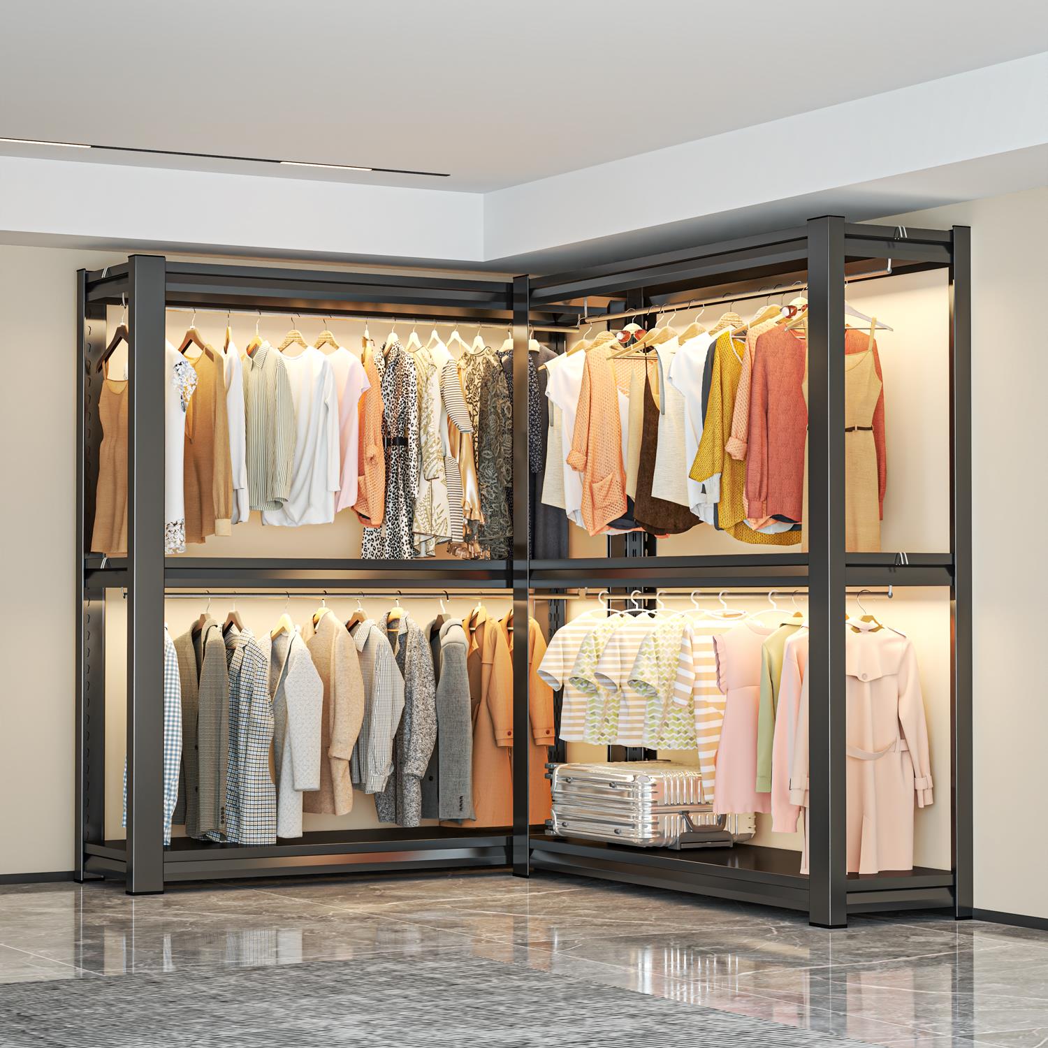 衣帽间转角衣柜简易落地衣架开 放式儿童衣帽架组装置物架拐角货