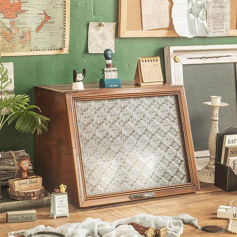 桌面收纳盒化妆品香水整理zakka实木杯子茶具翻盖玻璃防尘展示柜