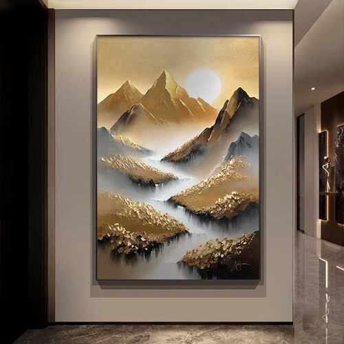 61N雪川日照金山客厅装饰画大芬村手绘油画轻奢入户玄关挂画大气