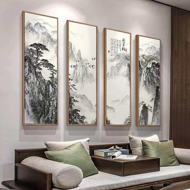 山水画客厅沙发背景墙装饰画四联画办公室壁画风景国画新中式挂画