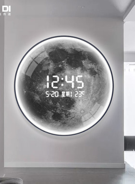 高级感圆形月d球挂画 划电子钟表挂钟客厅2025新款玄关卧室装饰画