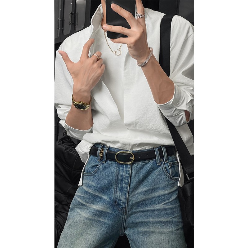 龙叨叨夏季新款潮流双层假两件设计小众圆领T恤百搭宽松长袖衬衫