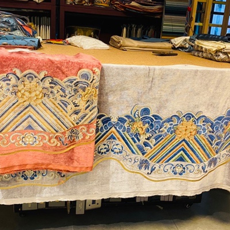 宽22cm 海水纹 绒布花边 手工雕印中式窗帘帘头中国风服装抱枕