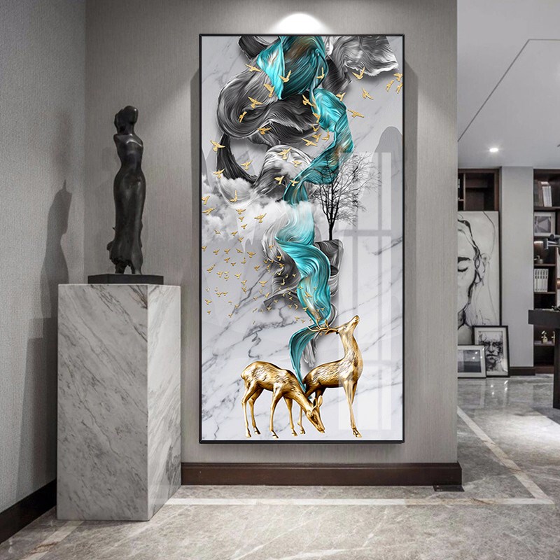 入户玄关装饰画客厅现代立体镶钻晶瓷画抽象鹿壁画走廊过道挂画图片