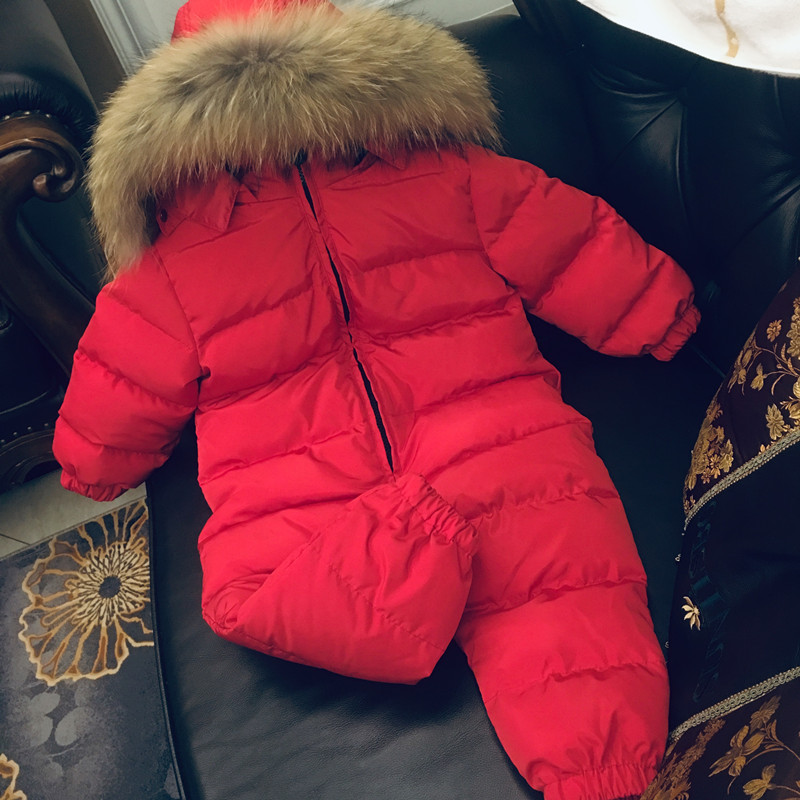 新款婴幼儿童爬爬服男女宝宝加厚保暖防寒服哈衣真毛领连体羽绒服