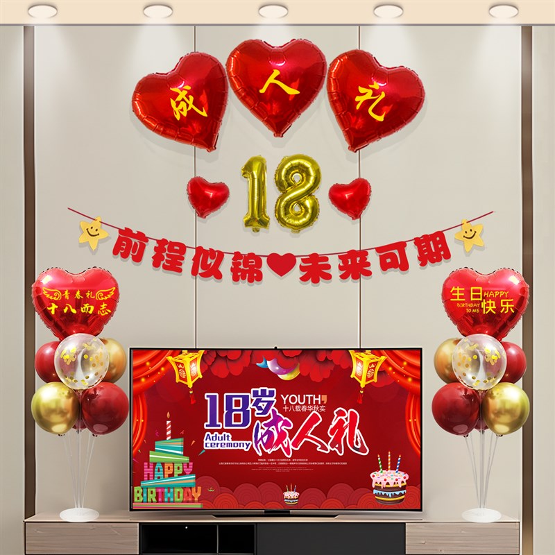 成人礼18岁生日快乐气球套餐背景墙客厅装饰场景气氛男女孩布置