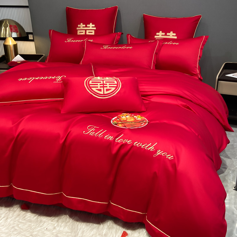 2024新款高档结婚床上用品四件套高级感婚庆婚房床单被套红色被罩