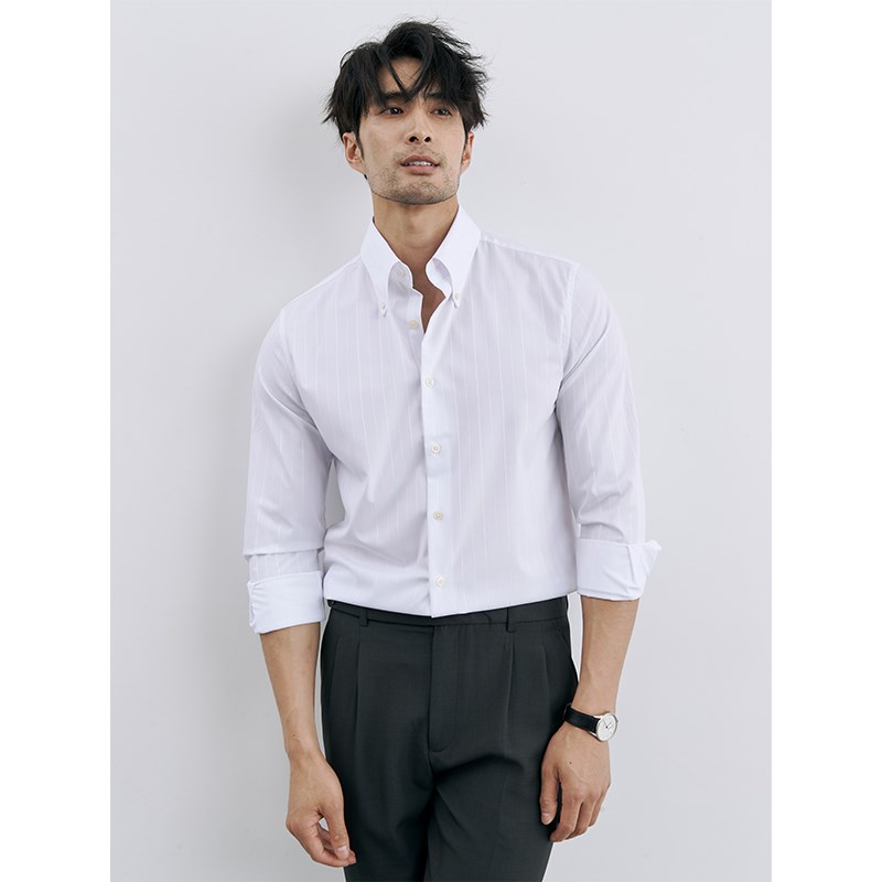 夏季新品上新 气质绅士 一片领暗条纹白衬衫正装男士商务免烫衬衣