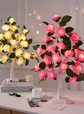 房间浪漫摆件卧室床头灯led发光玫瑰花树灯充电小夜灯氛围高级感