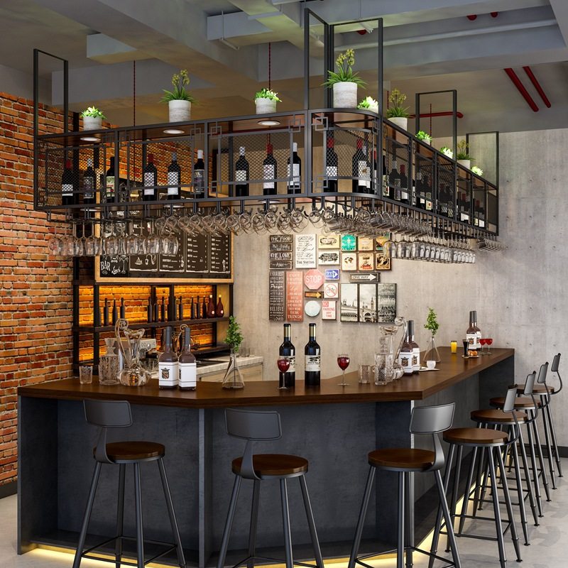 酒吧铁艺悬挂酒架吧台吊顶t架高脚杯倒挂酒杯架餐厅酒柜吊柜置物