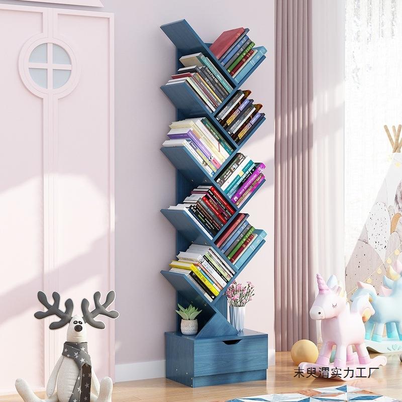 简易儿童小书架落地置物架一体靠墙客厅实木书柜不占地方空间学生