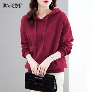 卫衣女秋冬季2024新款连帽加绒套头上衣枣红色高级感洋气加厚外套