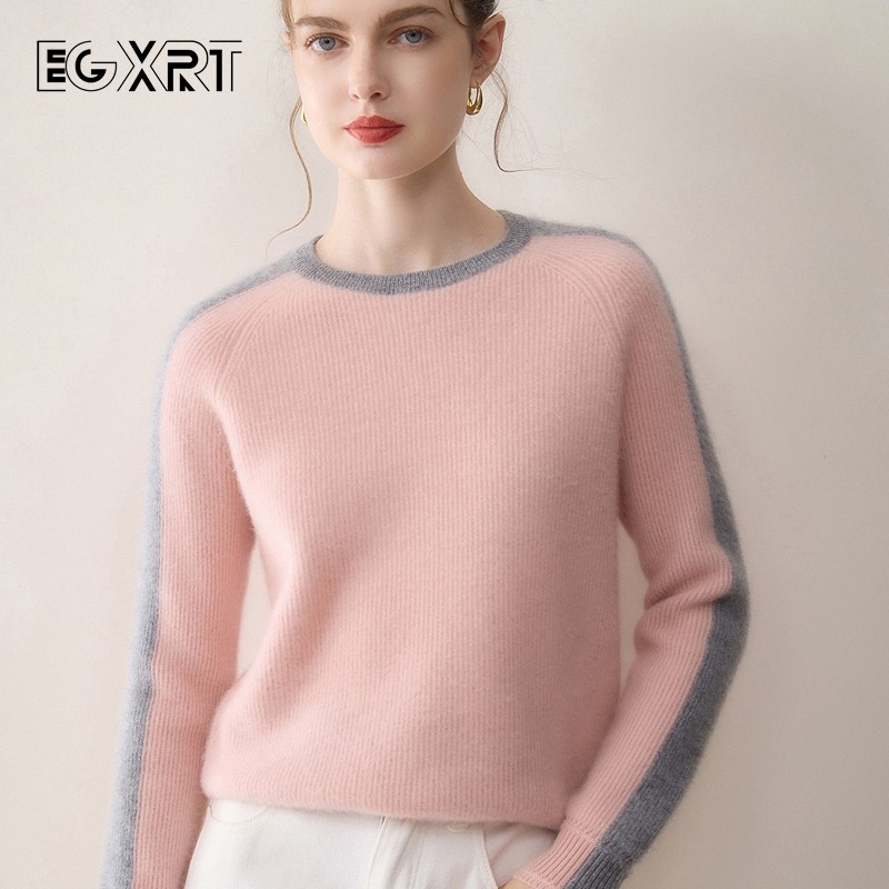 鄂尔多斯市产拼色圆领羊绒衫女秋冬季元宝针时尚气质套头针织毛衣