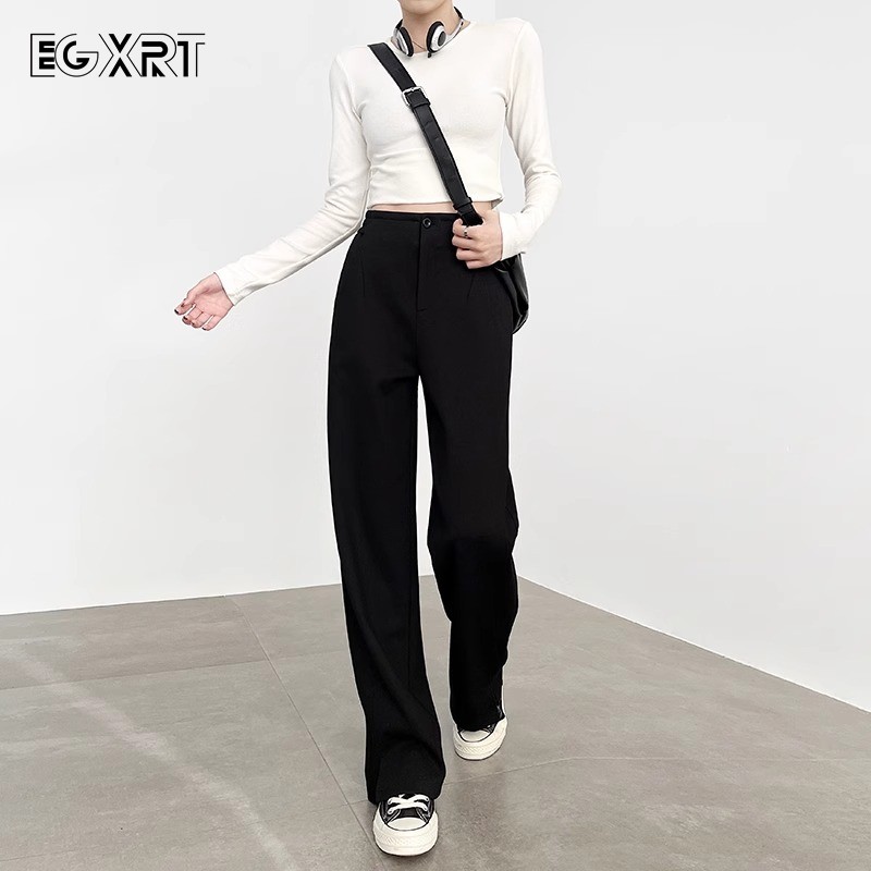 黑色窄版阔腿裤女春秋2025新款高腰垂感高级感休闲直筒开叉西装裤