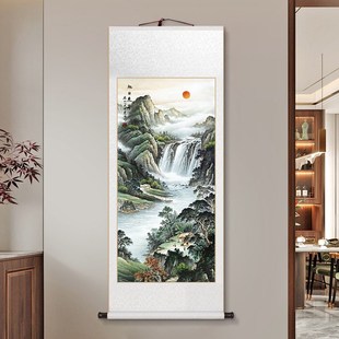 旭日东升山水画卷轴挂画新中式客厅装饰画办公室竖版玄关走廊国画