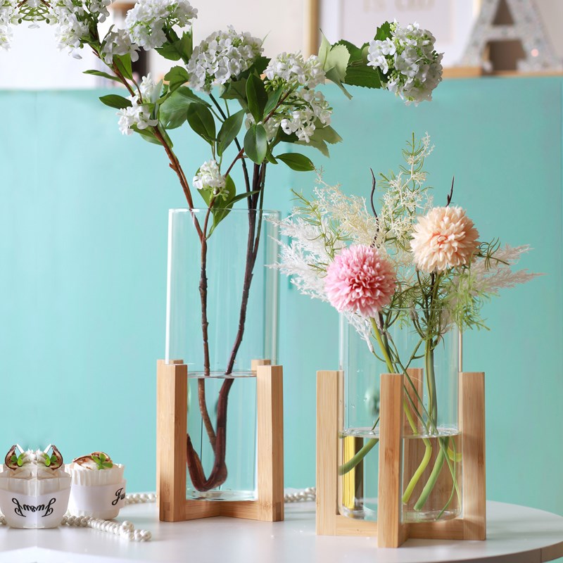 日式木底座透明直筒绿色玻璃花瓶马醉木富贵竹高级感客厅插花摆件