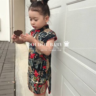 2024夏季新款小女孩黑色中国风女童旗袍连衣裙模特走秀旗袍亲子装