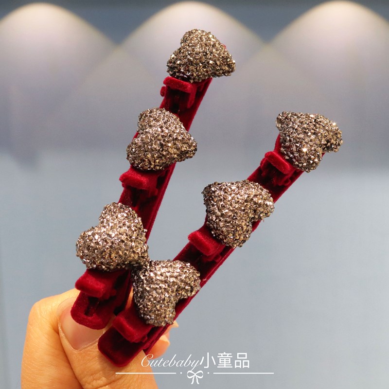 红色闪亮爱心女孩侧边发夹子编发神器儿童前额卡刘海碎发新年头饰