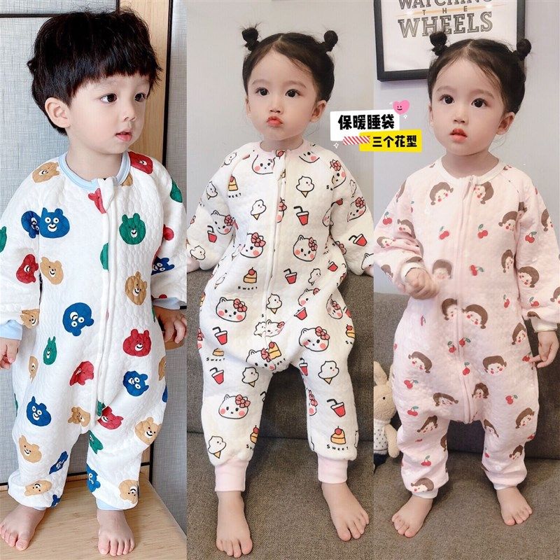 儿童连体睡衣防踢秋冬纯棉加厚男童女童防着凉睡袋女宝宝加棉冬季