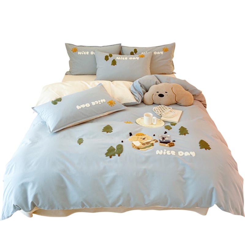 秋冬卡通全棉磨毛床单四件套可爱动物毛巾绣纯棉加厚被套床上用品