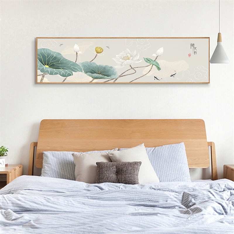 荷花新中式装饰画 卧室床头抽象壁画 客厅沙发背景画 喷绘油画布