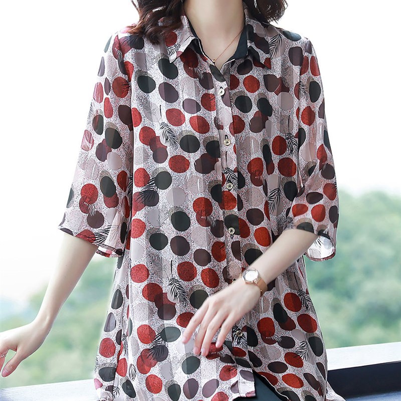 雪纺衬衫女中长款小衫2023夏季新款七分袖上衣洋气大码妈妈装衬衫