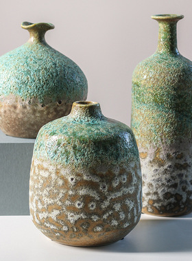 复古做旧仿绿锈窑变泡泡釉陶瓷花瓶侘寂风中式样板间客厅小鸟摆件