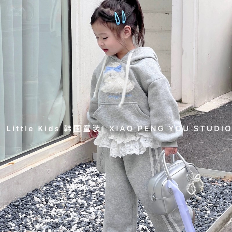 儿童潦草小狗套装秋冬装2024女童连帽套装卫衣裤子加绒加厚两件套