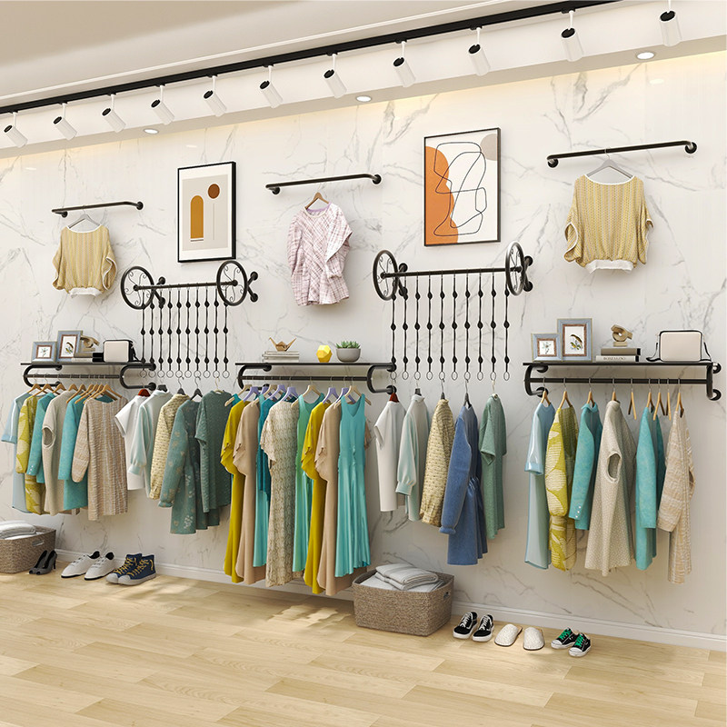 服装店上墙展示架衣架挂钩童装货时尚架吊杆金色女装店铁艺衣服架