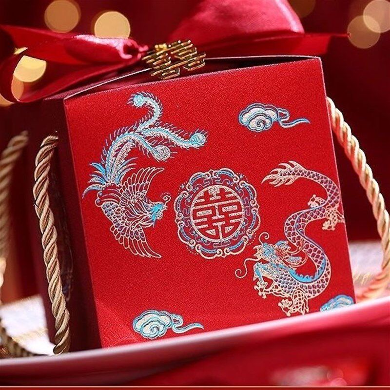 手提式喜糖盒子新款金葱高级丝带新中式手提式喜糖盒子婚礼回礼盒