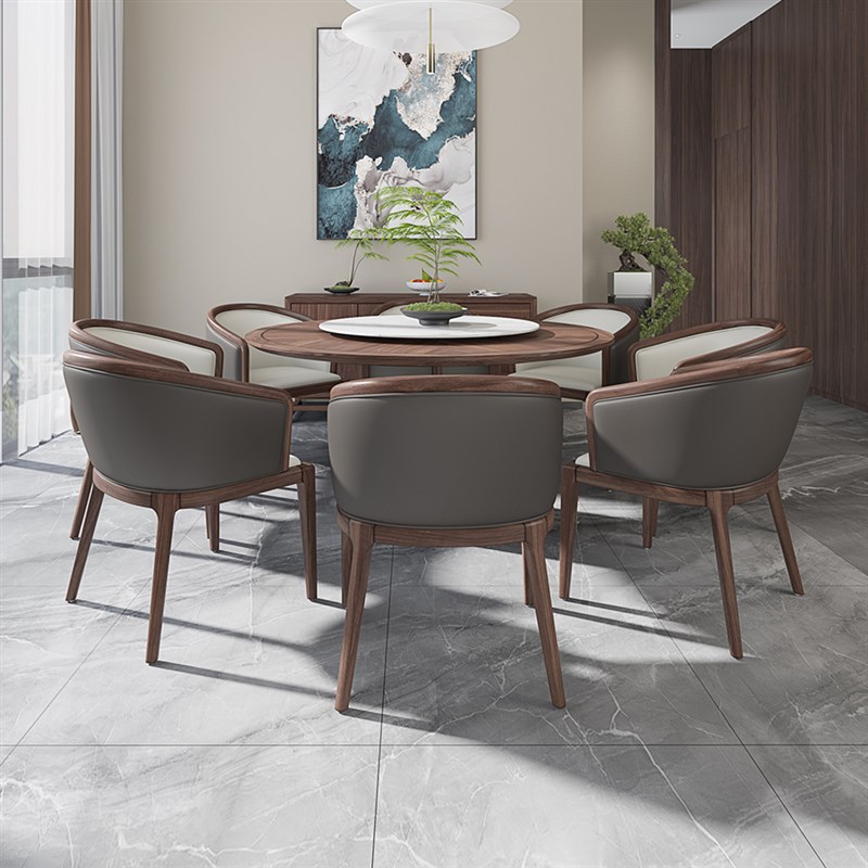 新中式餐桌黑胡桃木别墅家用高档圆桌椅组合岩板转盘餐厅家具定制