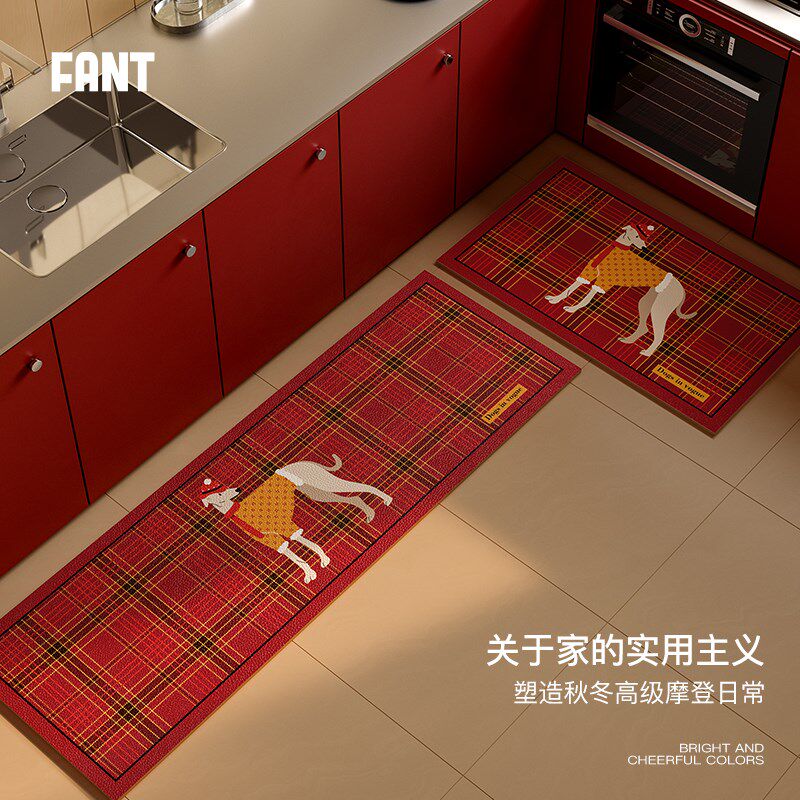 克利弗中古风圣诞新年红色厨房地垫防水防滑防油可擦免洗全铺脚垫