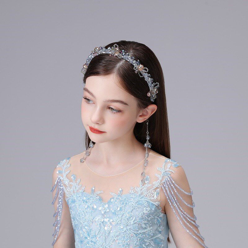 儿童发饰水晶流苏发箍高级感蓝色女童生日公主裙主持演出礼服配饰