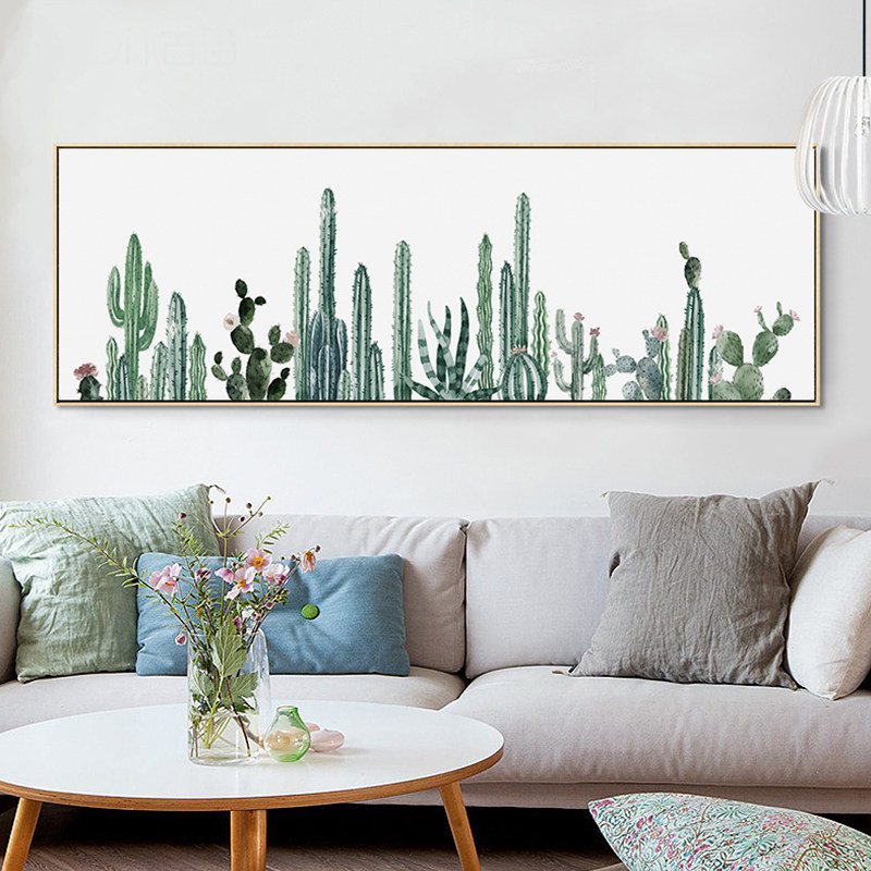 鳟鱼北欧风床头壁画卧室客厅画清新绿植风景挂画长方形横版装饰画