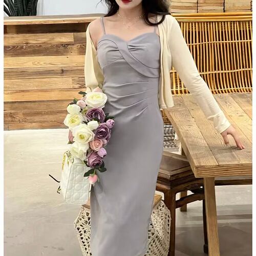 法式无袖吊带连衣裙女夏季2023收腰显瘦包臀裙长袖开衫两件套大码
