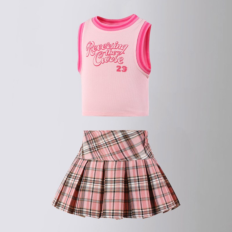 女童高腰半身裙学院风jk短裙夏季百褶裙套装小女孩甜美格子A字裙